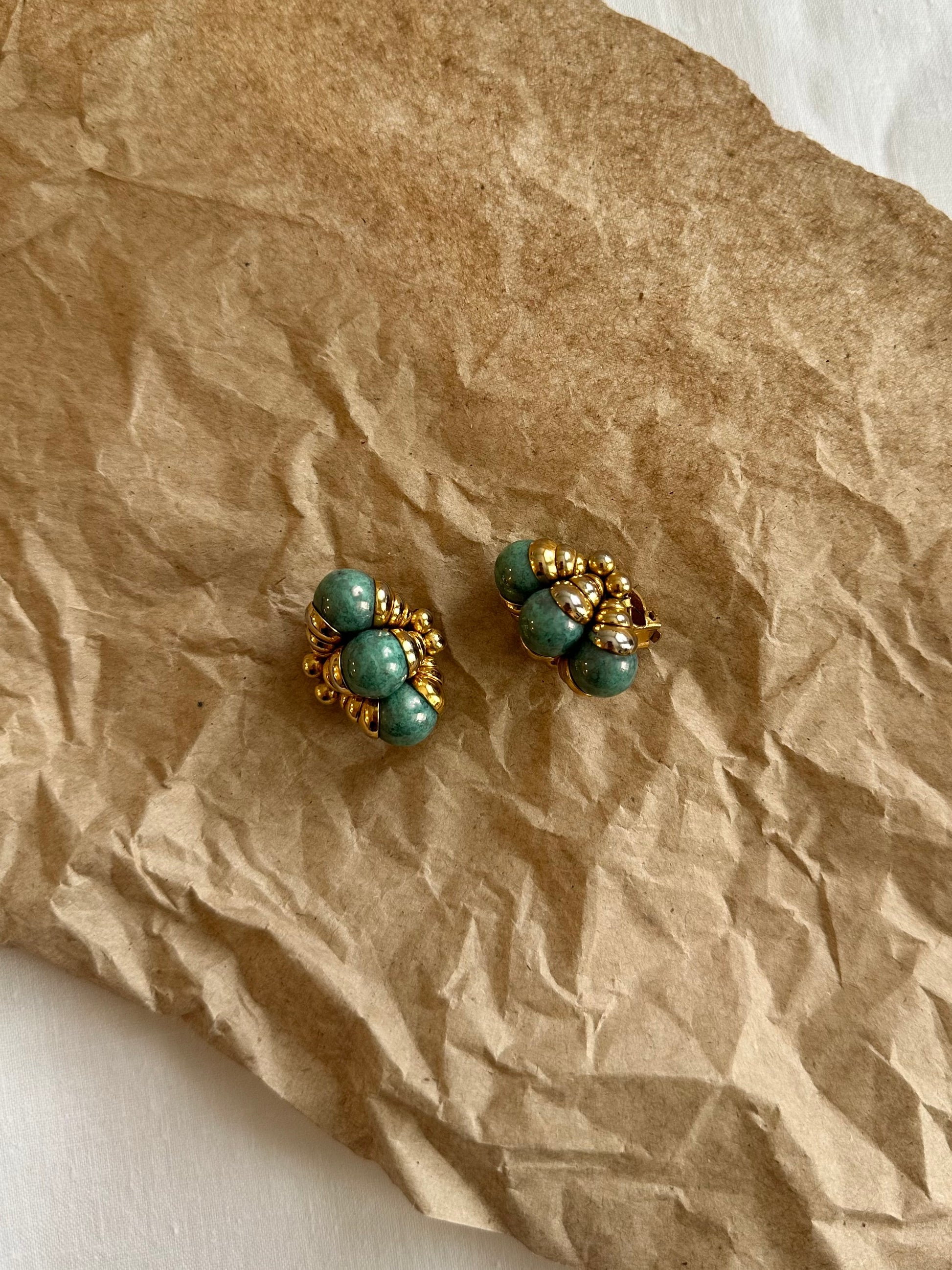 Vintage Green Beaded Clip-On Earrings