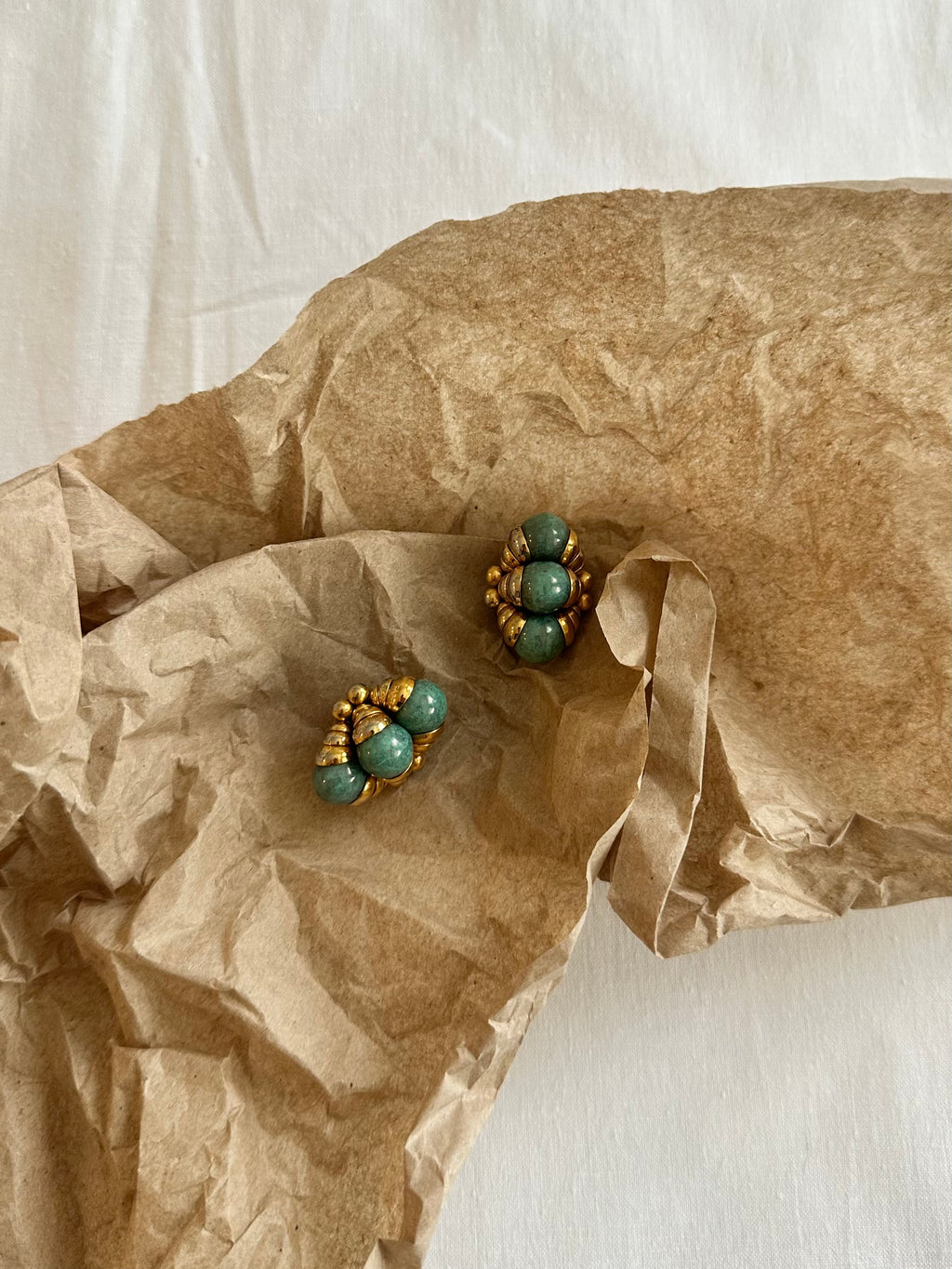 Vintage Green Beaded Clip-On Earrings