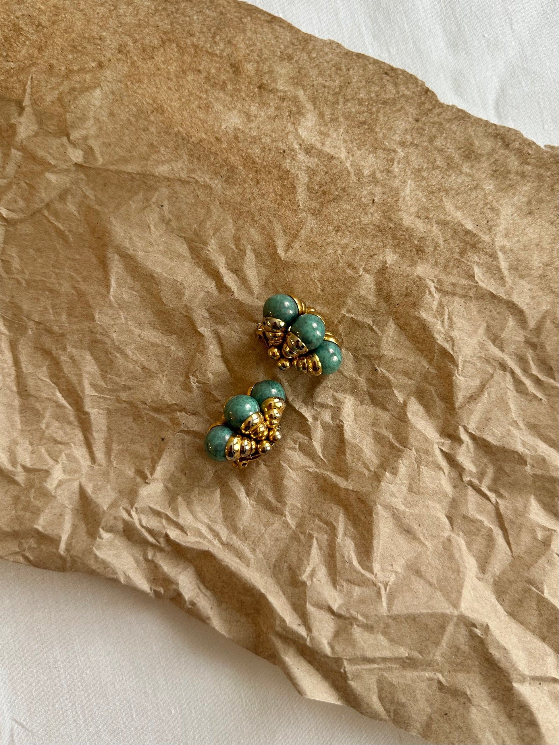 Vintage Green Beaded Clip-On Earrings