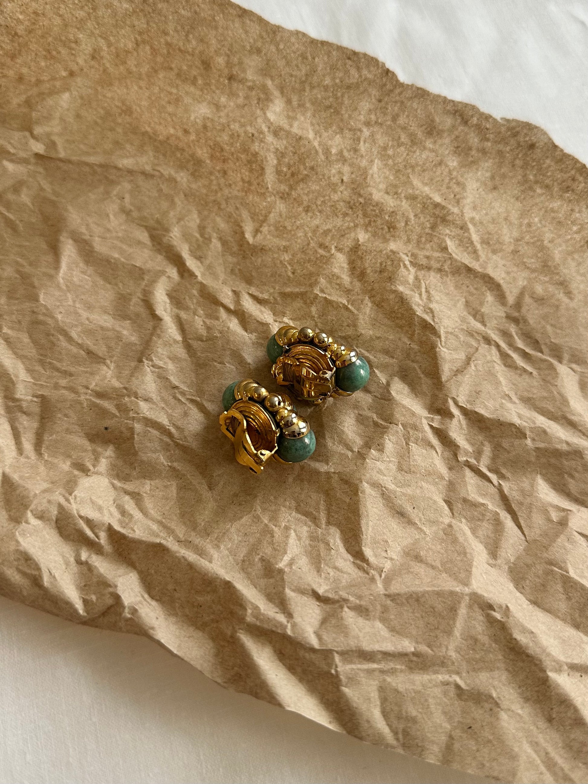 Vintage Green Beaded Clip-On Earrings